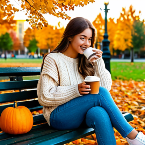 Cozy Autumn Scene**

"A young woman, fully clothed in a stylish autumn outfit consisting of a warm sweater and jeans, is sitting on a park bench, enjoying a pumpkin spice latte. The park is filled with colorful fall foliage. Golden hour lighting. Safe for work, appropriate content, professional, perfect anatomy, natural proportions, well-formed hands, proper finger count, family-friendly."

**