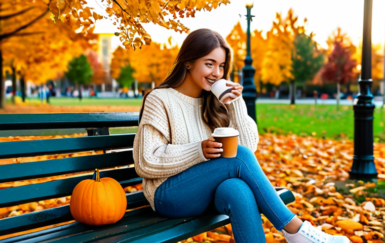Cozy Autumn Scene**
"A young woman, fully clothed in a stylish autumn outfit consisting of a warm sweater and jeans, is sitting on a park bench, enjoying a pumpkin spice latte. The park is filled with colorful fall foliage. Golden hour lighting. Safe for work, appropriate content, professional, perfect anatomy, natural proportions, well-formed hands, proper finger count, family-friendly."
**