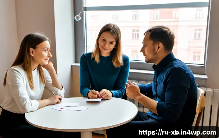 Home 9 정서적 민첩성을 위한 그룹 토론 기법 - Photorealistic small-group discussion in a bright Moscow coworking room, five diverse Russian adults...