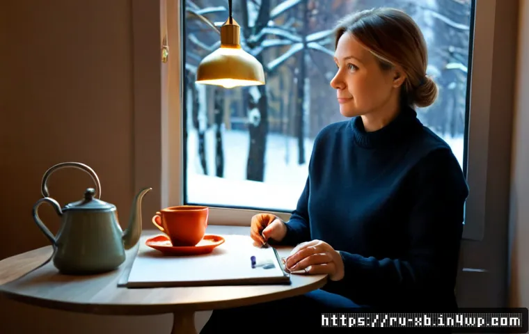 Home 15 정서적 민첩성을 기르는 방법으로서의 자기 표현 - Photorealistic scene of a Russian woman in her 40s sitting by a large apartment window on a snowy af...